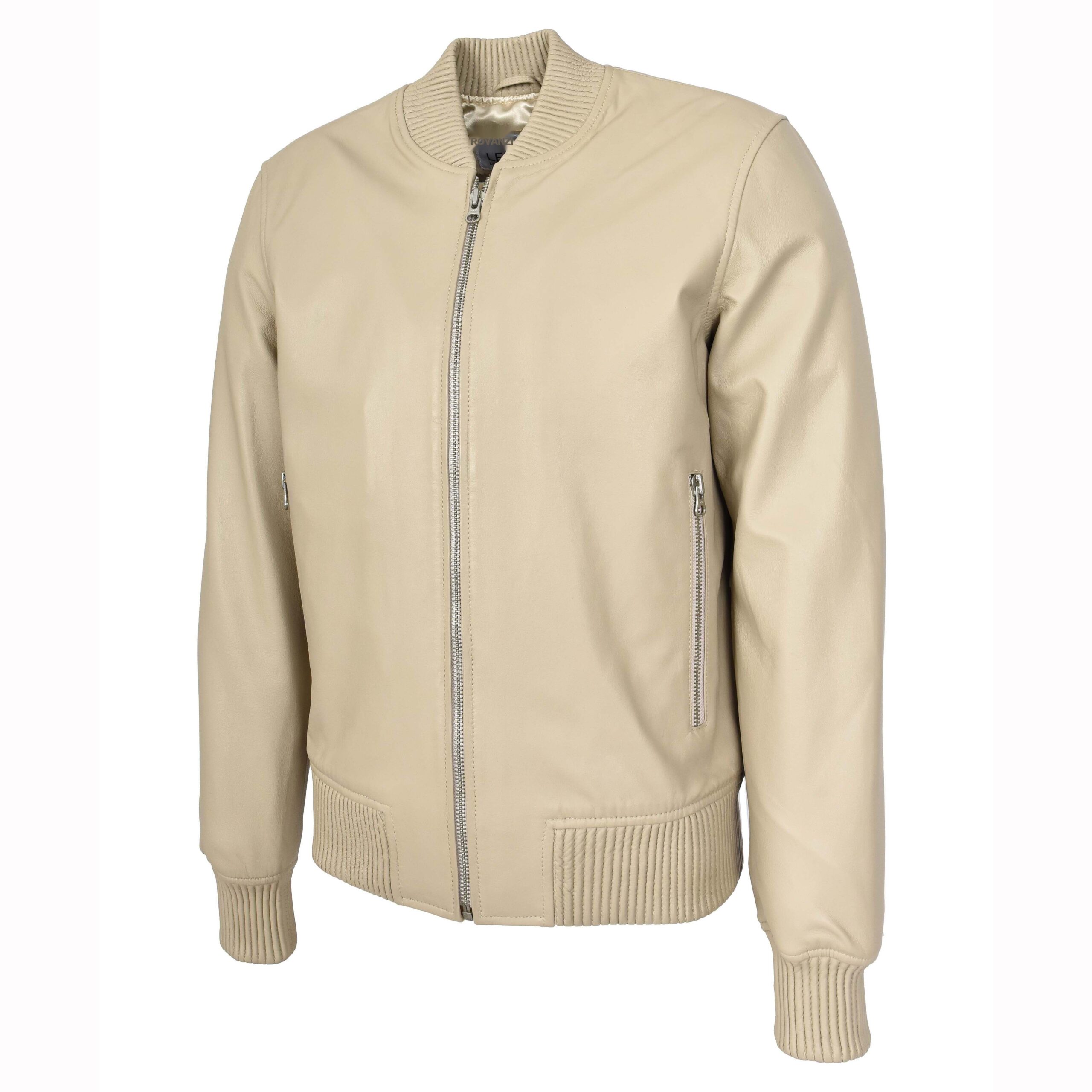 BUNERI Chaqueta Hombre Cuero Real Suave Bomber MA-1 Estilo Varsity Beige - Imagen 4
