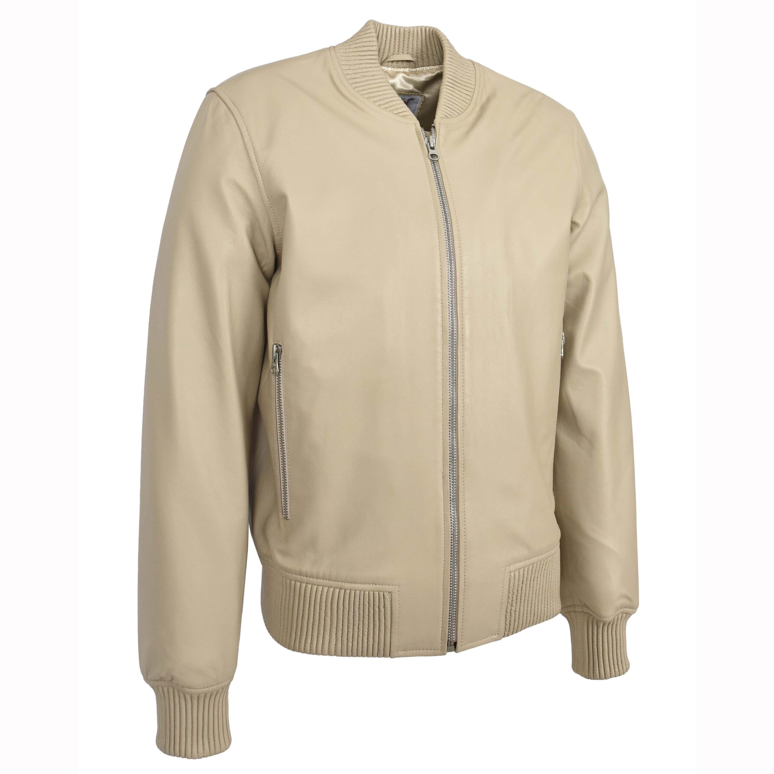 BUNERI Chaqueta Hombre Cuero Real Suave Bomber MA-1 Estilo Varsity Beige - Imagen 5