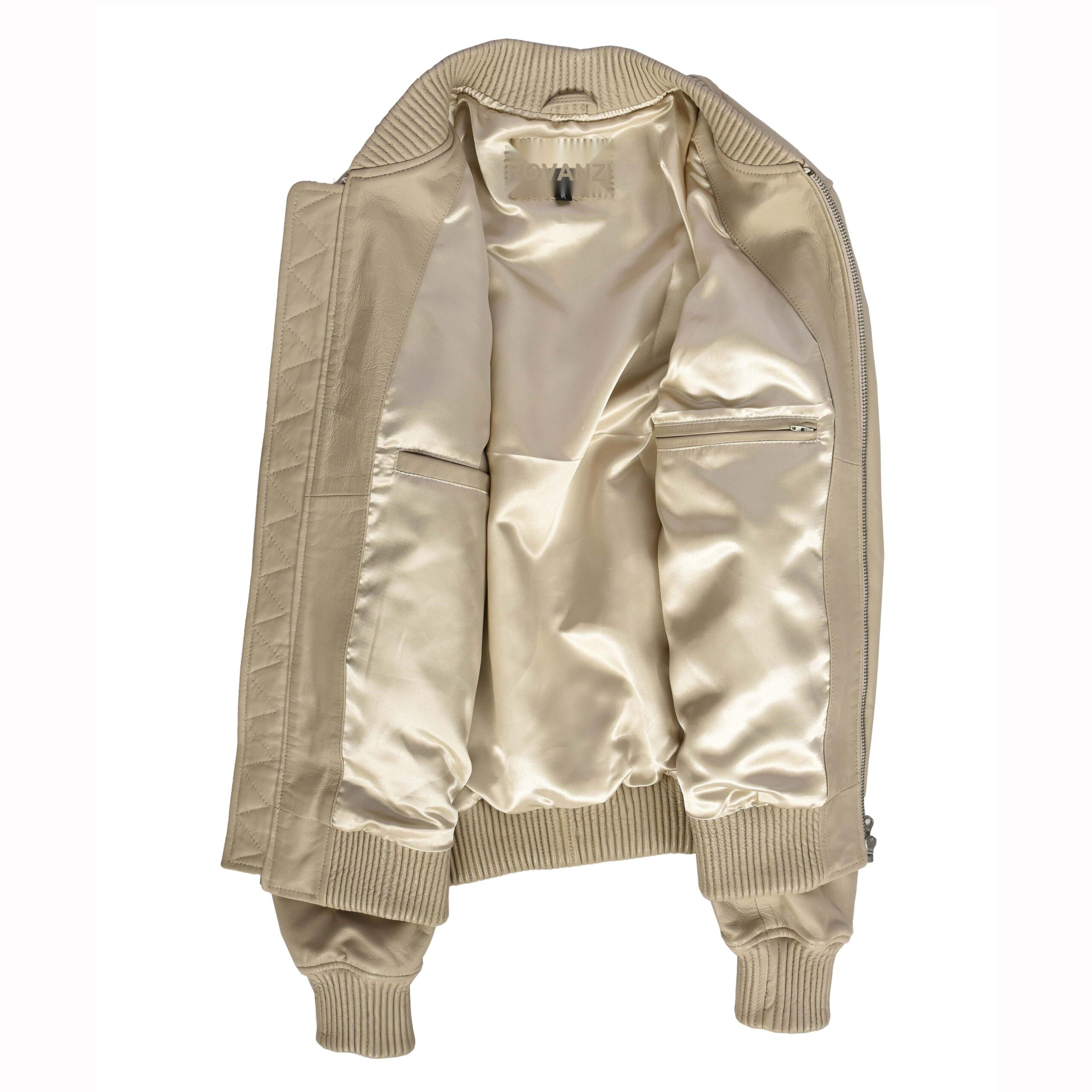 BUNERI Chaqueta Hombre Cuero Real Suave Bomber MA-1 Estilo Varsity Beige - Imagen 6