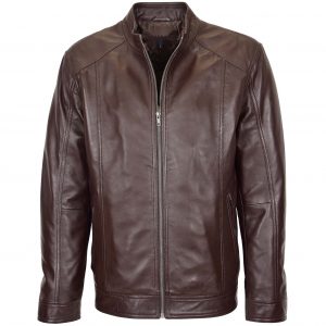BUNERI Chaqueta de Cuero Suave Marrón Casual con Cremallera Simple para Hombre