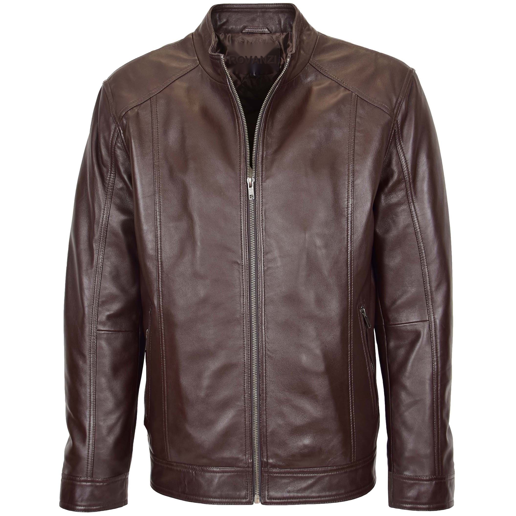 BUNERI Chaqueta de Cuero Suave Marrón Casual con Cremallera Simple para Hombre