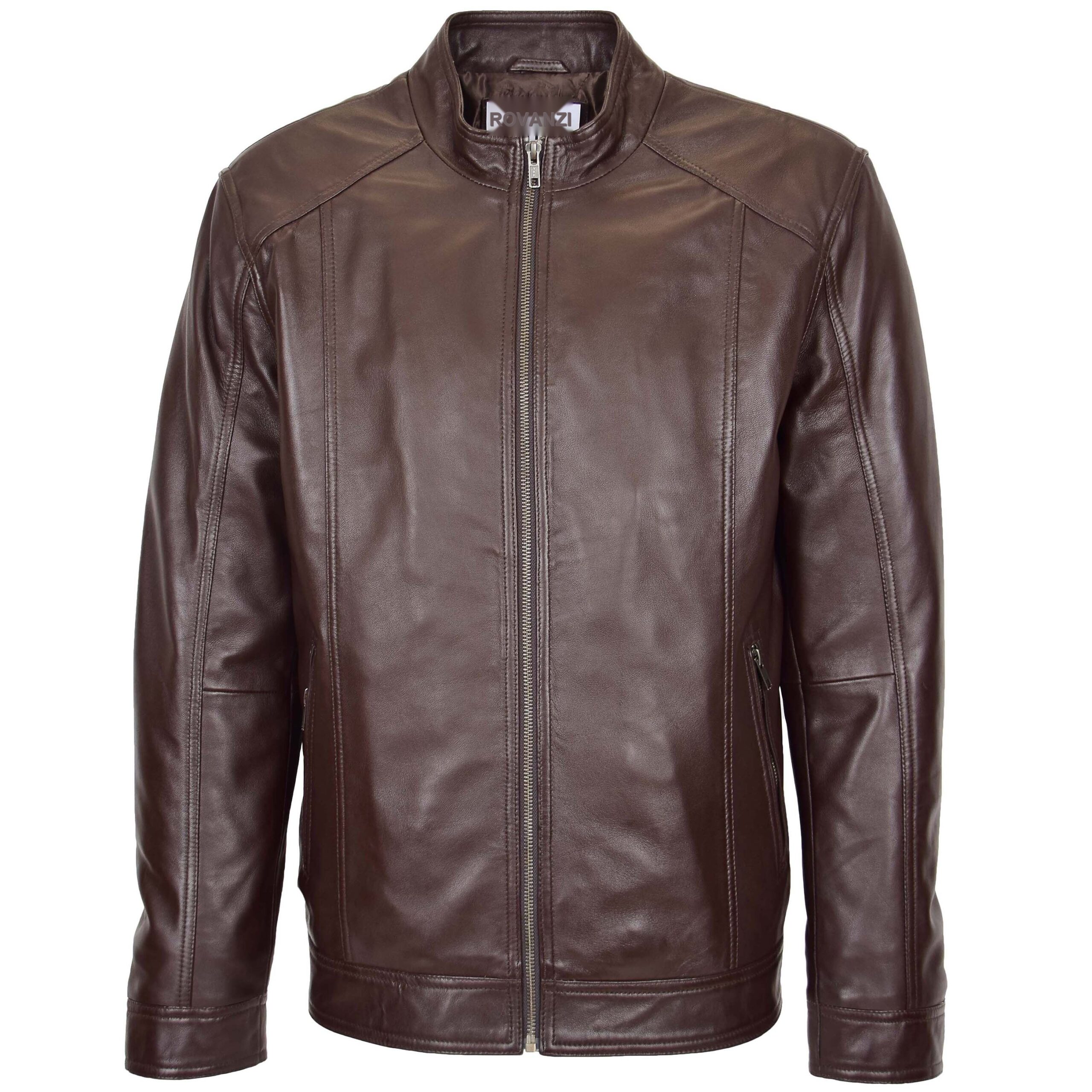 BUNERI Chaqueta de Cuero Suave Marrón Casual con Cremallera Simple para Hombre - Imagen 3