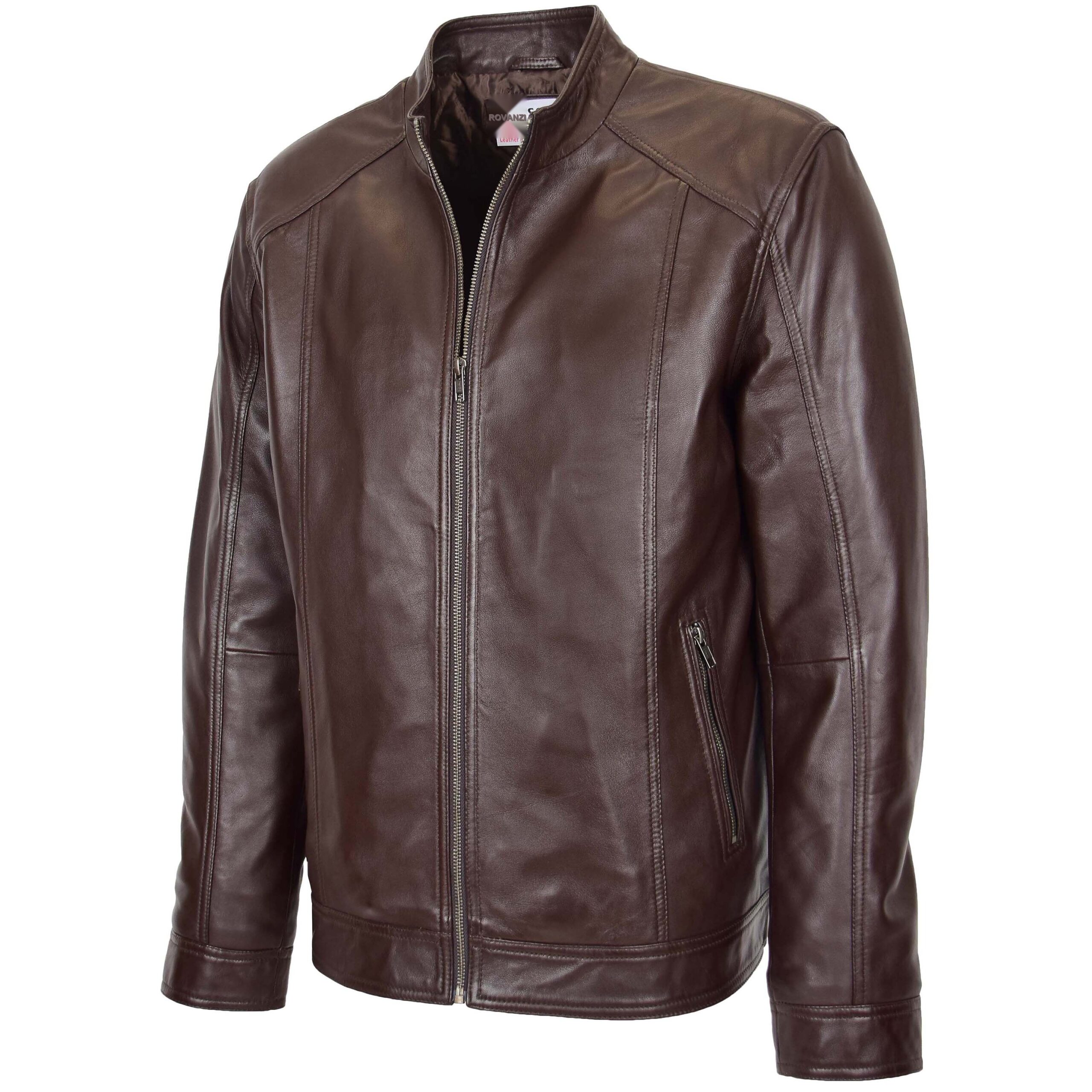 BUNERI Chaqueta de Cuero Suave Marrón Casual con Cremallera Simple para Hombre - Imagen 4