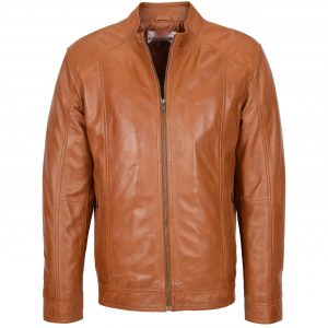 BUNERI Chaqueta de Cuero Suave Casual Cremallera Simple para Hombre Tan