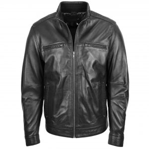 BUNERI Chaqueta Hombre Cuero Cuello Alzado Negro