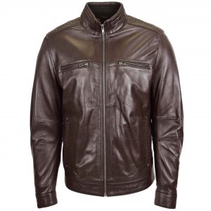 BUNERI Chaqueta Hombre Cuero Cuello Alto Marron II