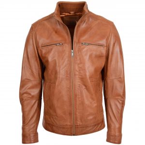 BUNERI Chaqueta de Cuero Cuello Alto para Hombre Tostado