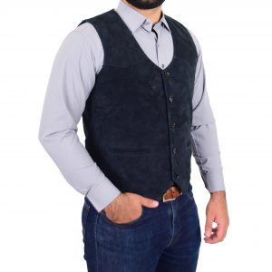 BUNERI Chaleco de Ante Azul Marino para Hombre con Botones