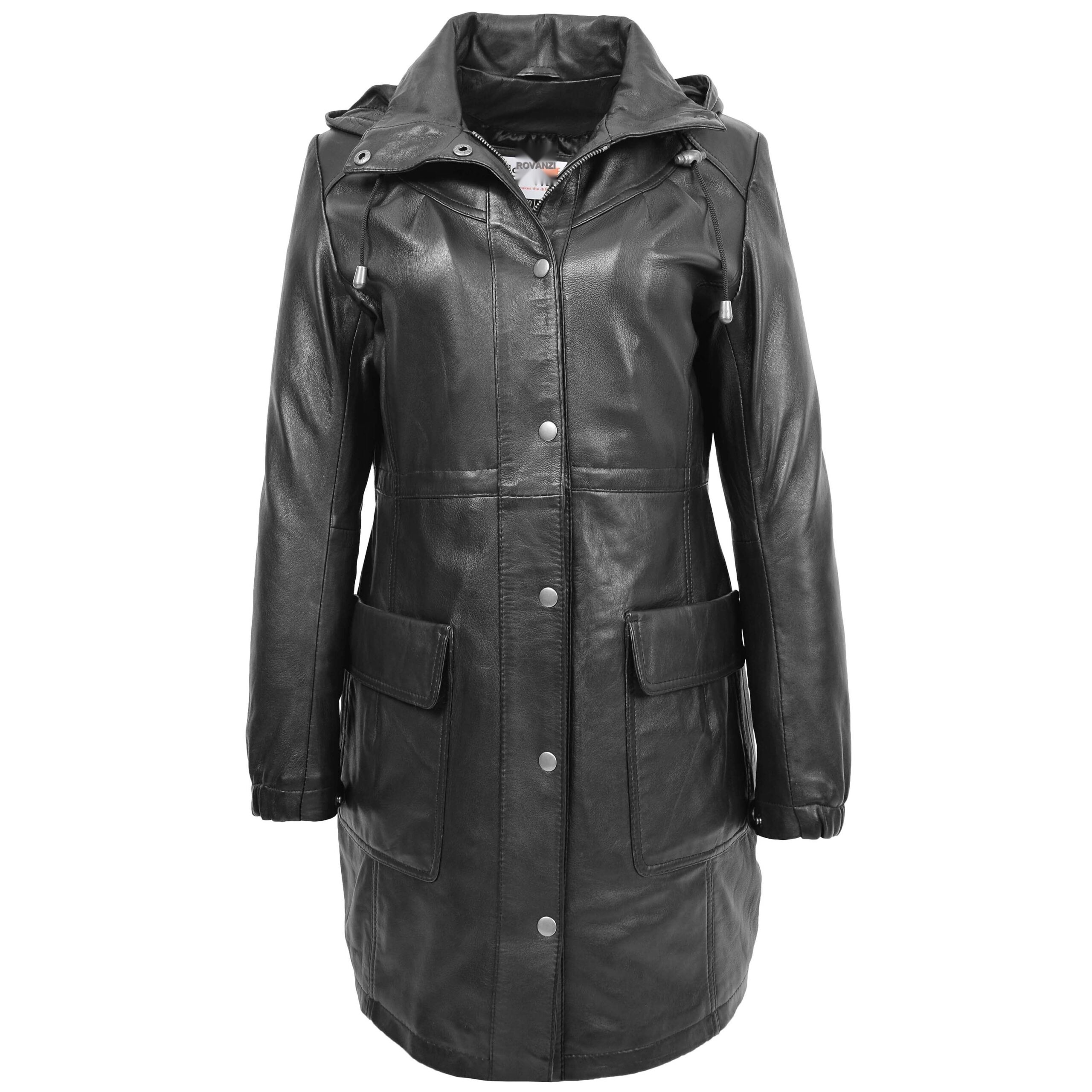 BUNERI Abrigo Duffle de Cuero Negro Longitud 3/4 para Mujer