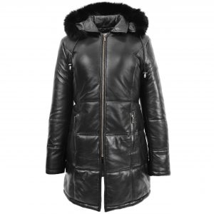 BUNERI Abrigo Puffer de Cuero Negro para Mujer Longitud 3/4