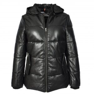 BUNERI Chaqueta Acolchada de Cuero para Mujer Negra con Capucha Desmontable