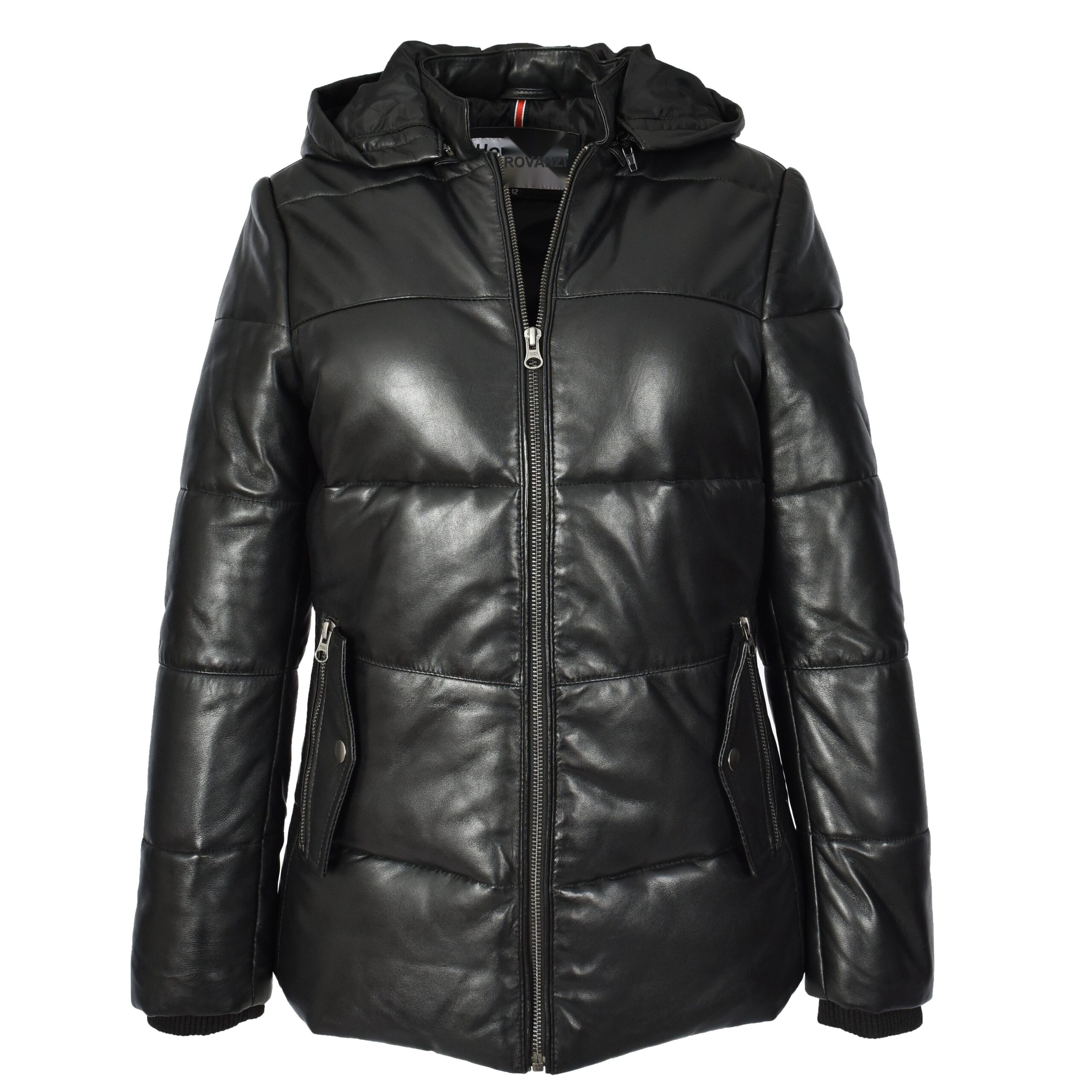 BUNERI Chaqueta Acolchada de Cuero para Mujer Negra con Capucha Desmontable