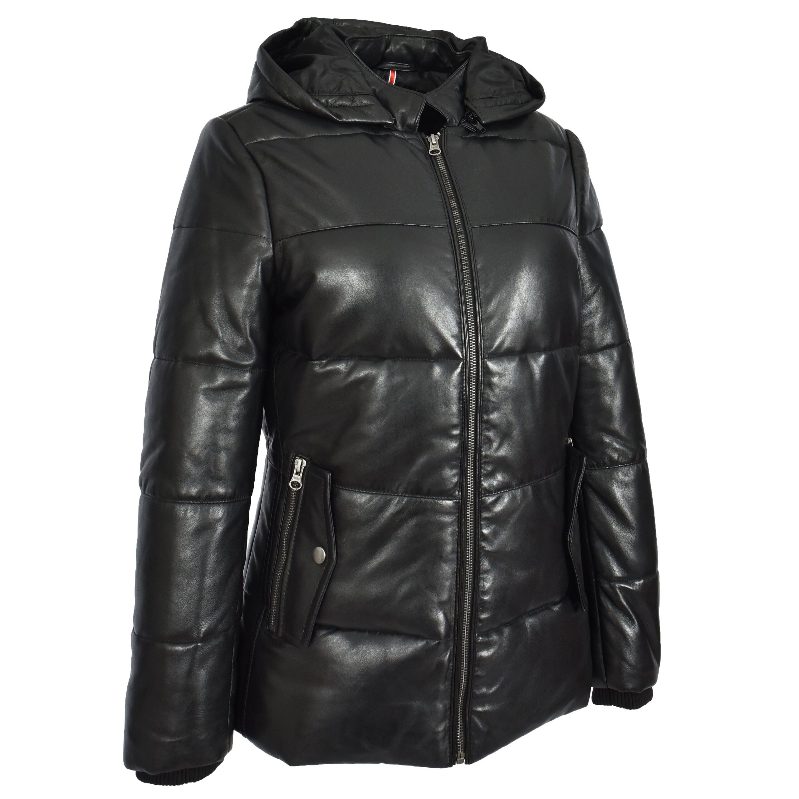 BUNERI Chaqueta Acolchada de Cuero para Mujer Negra con Capucha Desmontable - Imagen 4