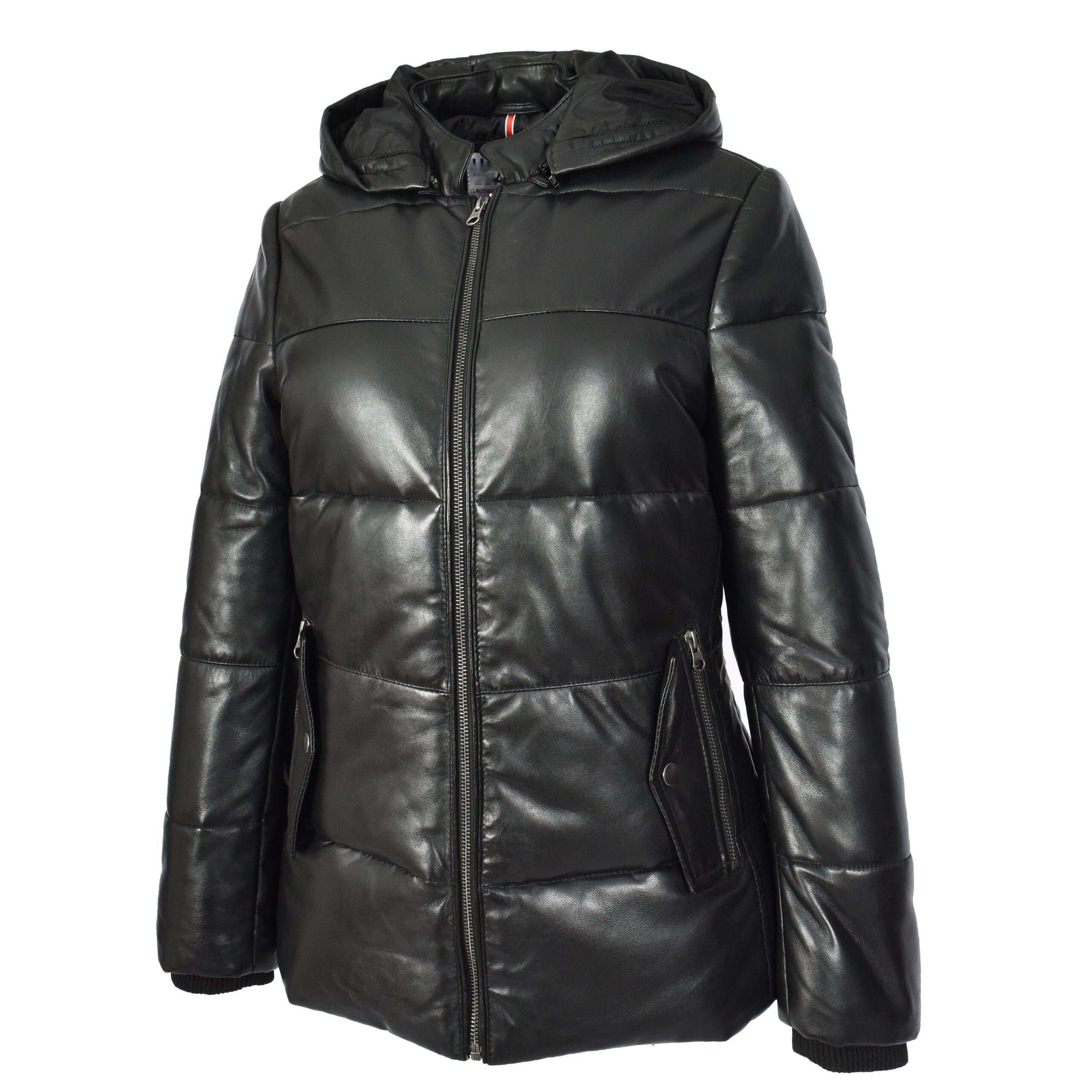 BUNERI Chaqueta Acolchada de Cuero para Mujer Negra con Capucha Desmontable - Imagen 5