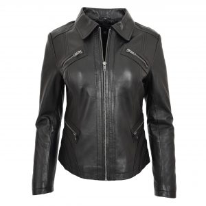 BUNERI Chaqueta Mujer Cuero Biker Zip Box Clasico Negro