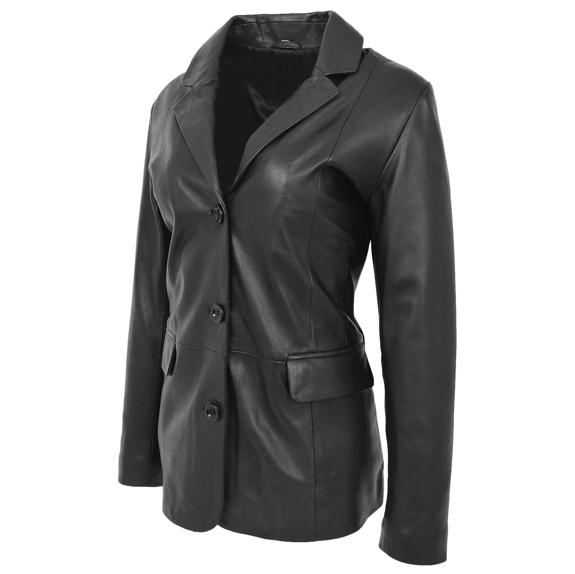 BUNERI Blazer de Cuero Clásico con 3 Botones para Mujer Negro - Imagen 4