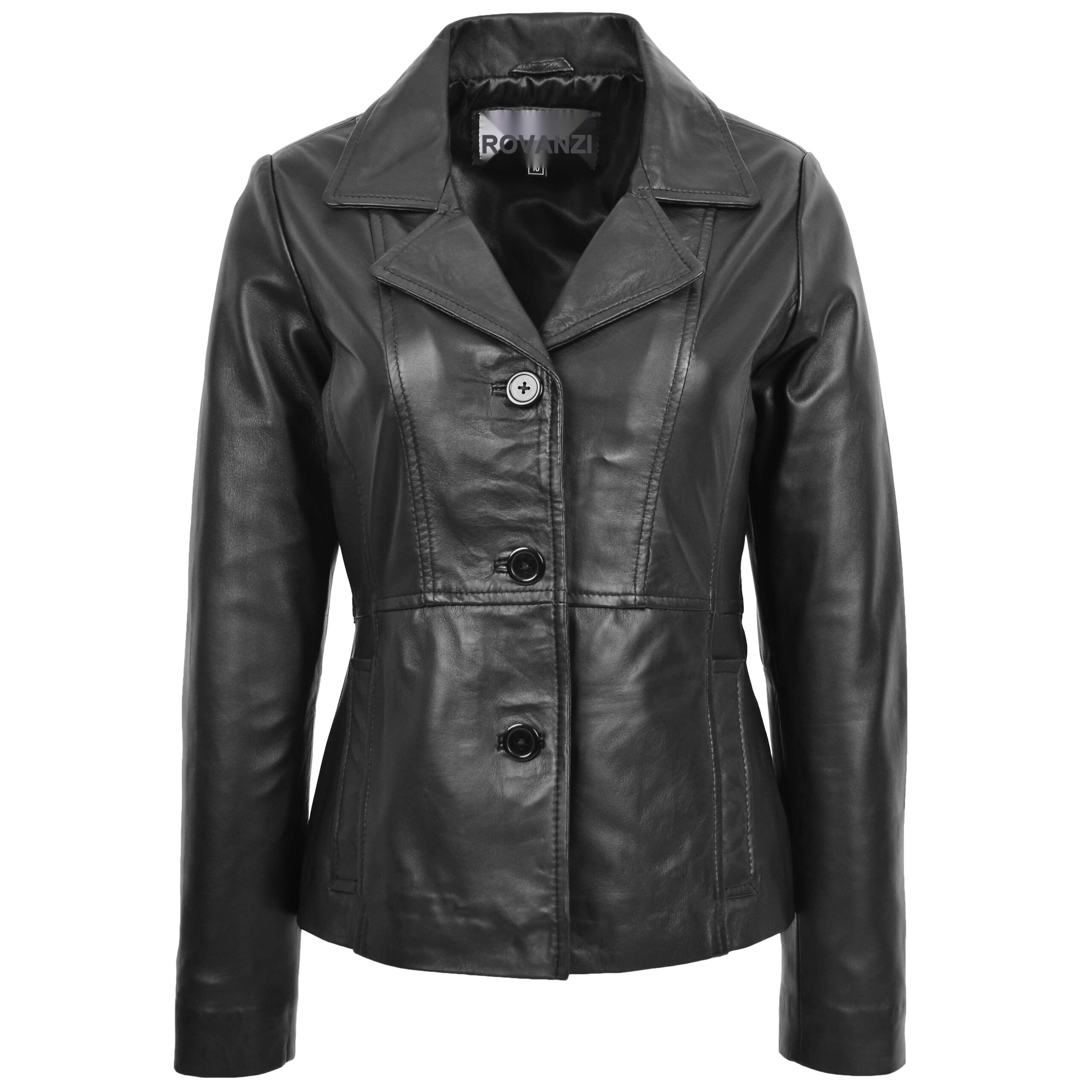 BUNERI Chaqueta Mujer Cuero Blazer Clasico Tres Botones Negro