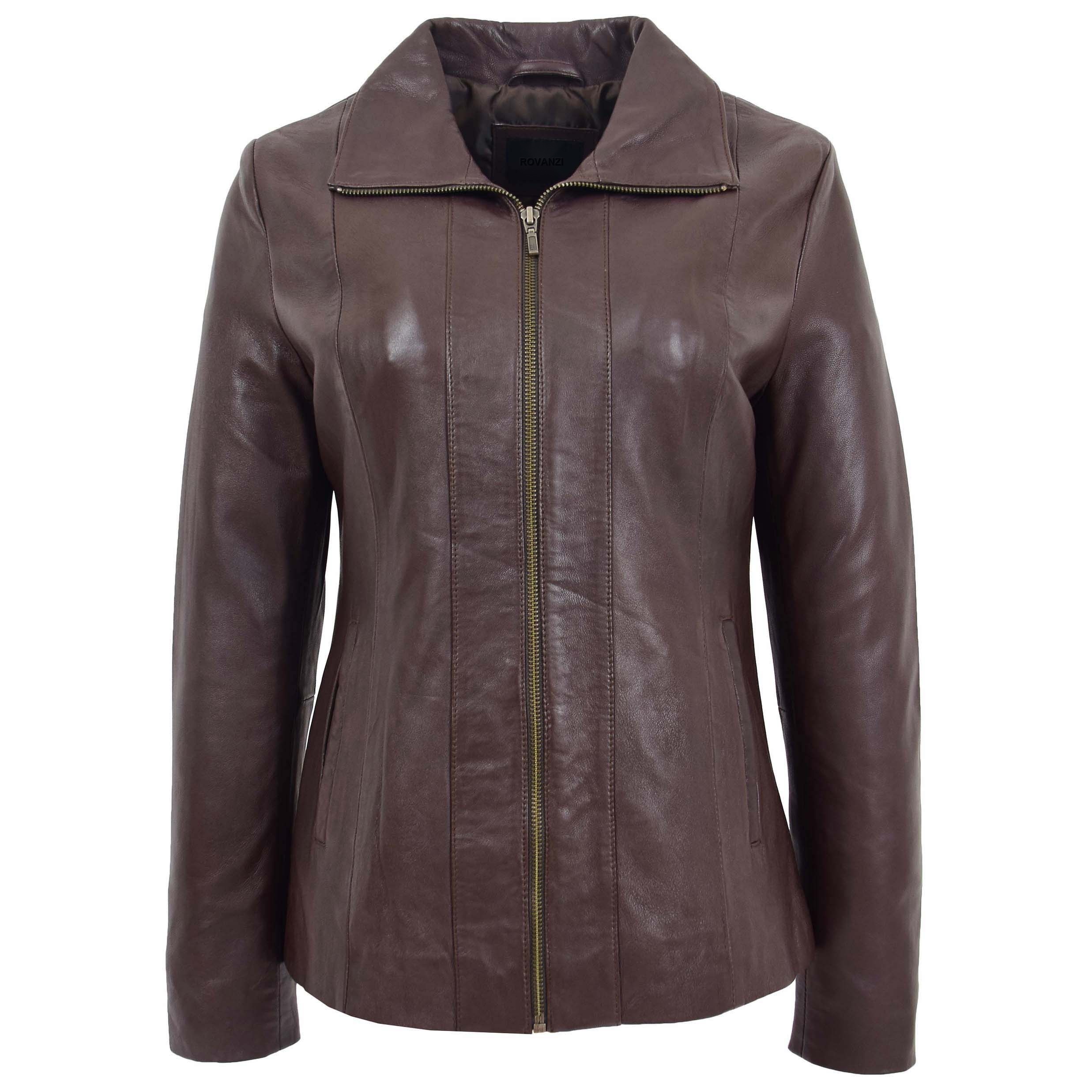 BUNERI Chaqueta de Cuero Clásica con Cremallera para Mujer Marrón