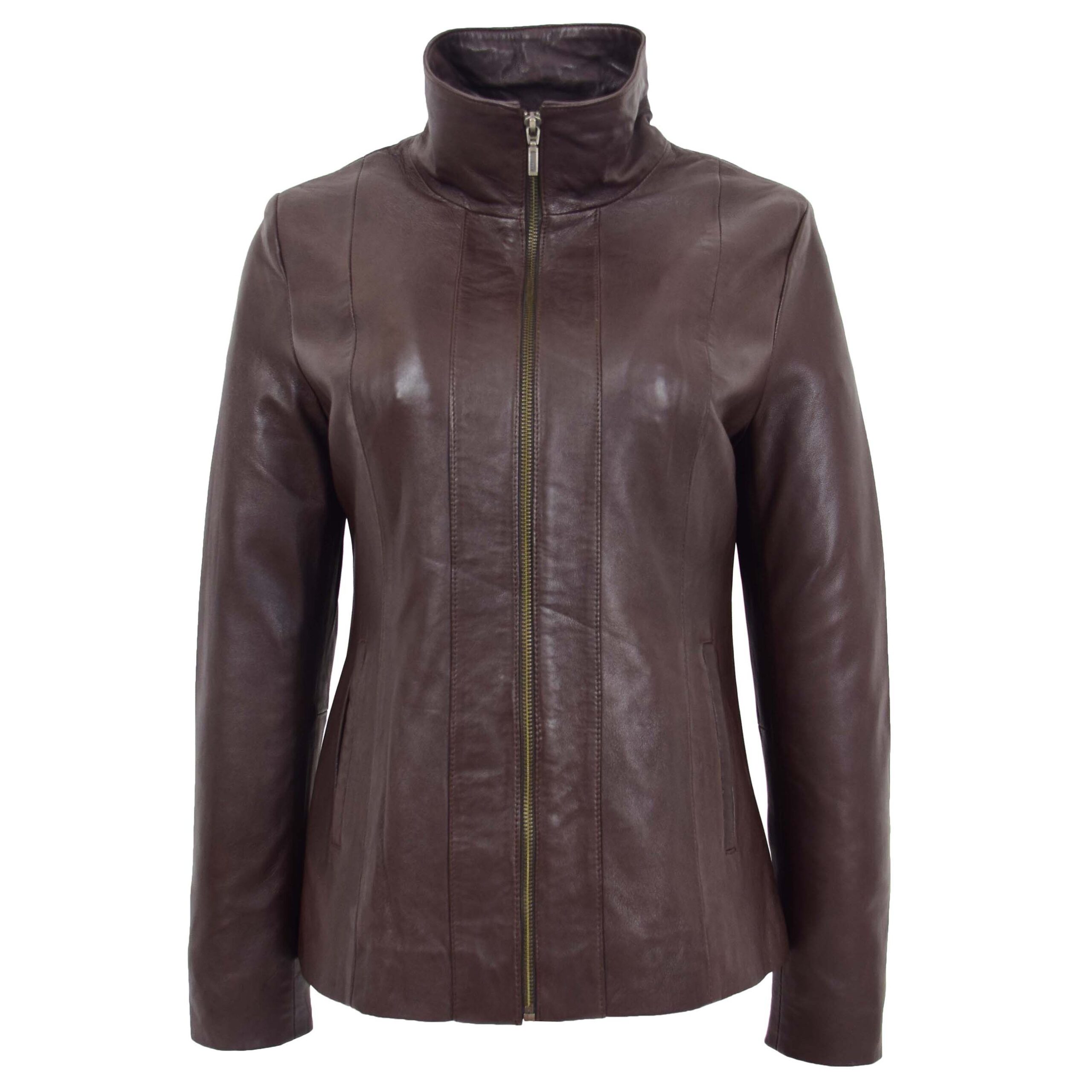 BUNERI Chaqueta de Cuero Clásica con Cremallera para Mujer Marrón - Imagen 3