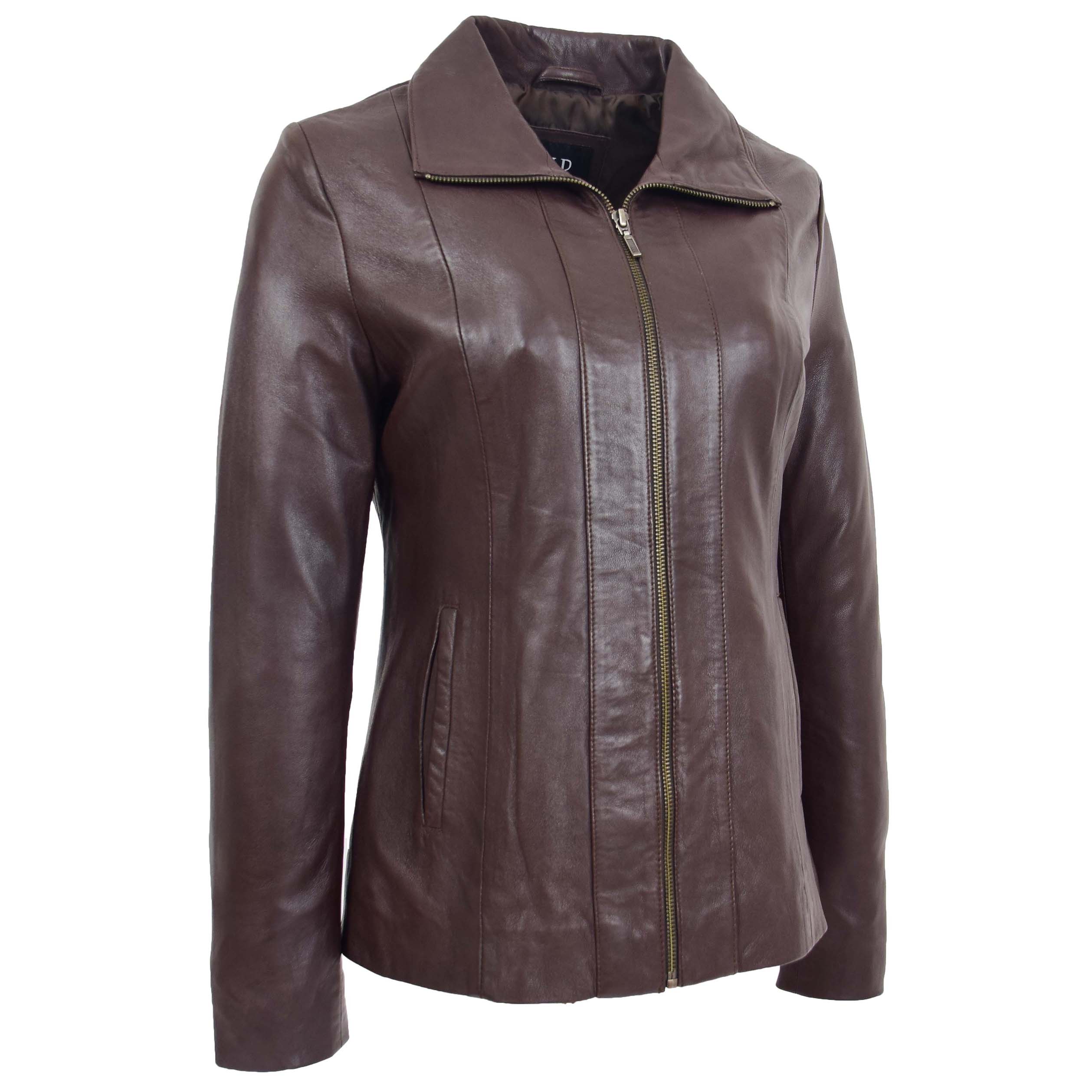 BUNERI Chaqueta de Cuero Clásica con Cremallera para Mujer Marrón - Imagen 4