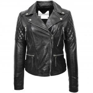BUNERI Chaqueta Biker de Cuero Cierre Cruzado para Mujer Negro