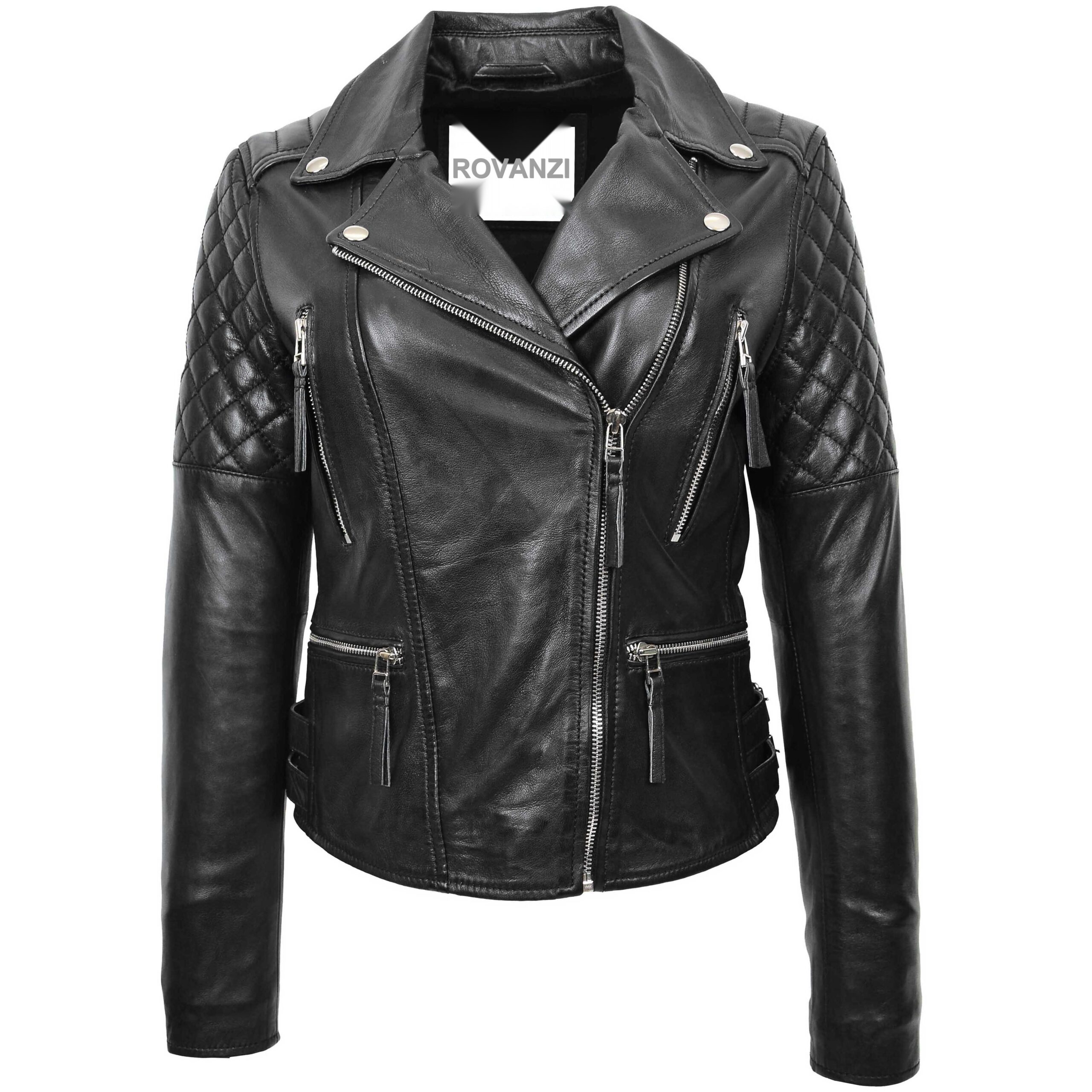 BUNERI Chaqueta Biker de Cuero Cierre Cruzado para Mujer Negro