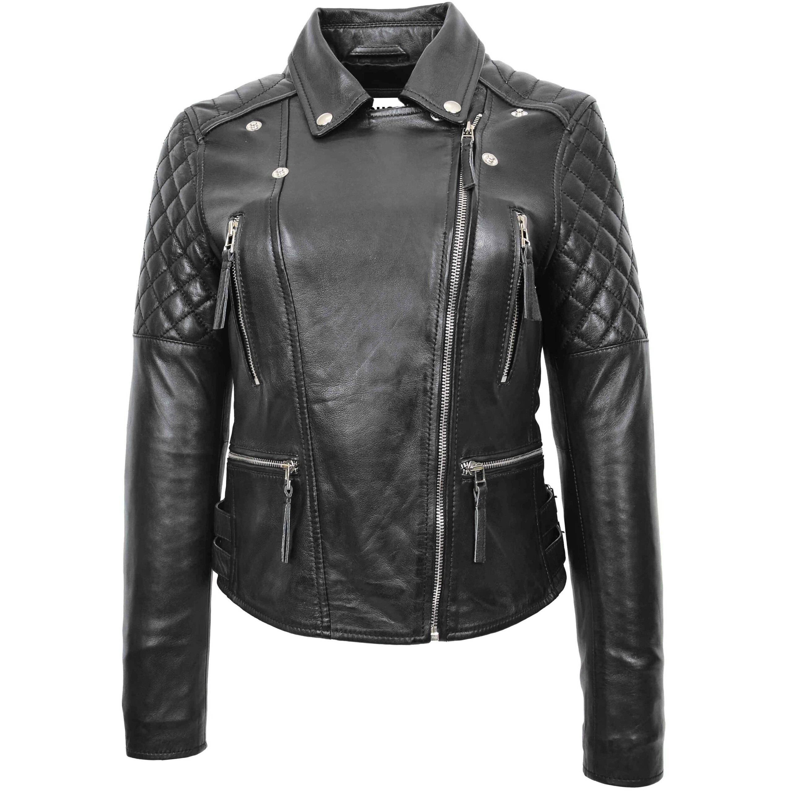 BUNERI Chaqueta Biker de Cuero Cierre Cruzado para Mujer Negro - Imagen 3