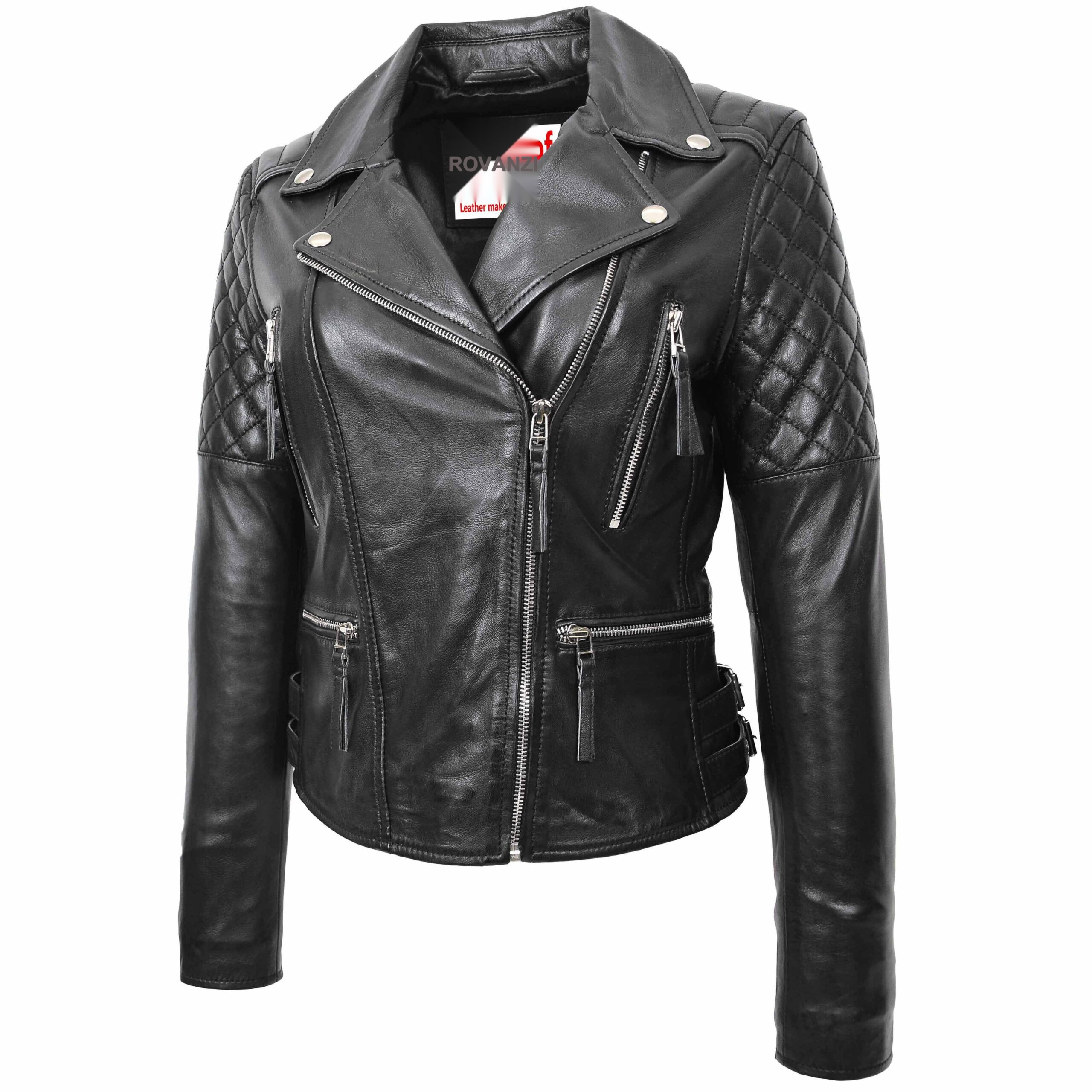 BUNERI Chaqueta Biker de Cuero Cierre Cruzado para Mujer Negro - Imagen 4