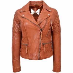 BUNERI Biker Cuero Claudia Cognac Cross Zip Mujer