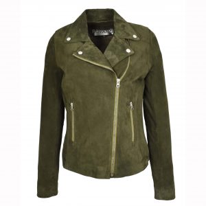 BUNERI Chaqueta Biker de Ante de Cabra Genuino para Mujer Verde Oliva