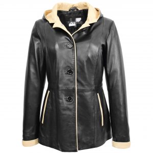BUNERI Chaqueta de Cuero Negro Beige para Mujer con Capucha