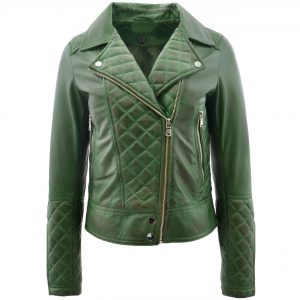 BUNERI Chaqueta Mujer Cuero Biker con Detalle Acolchado Verde