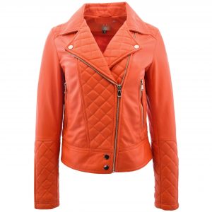 BUNERI Biker Cuero Ziva Naranja Detalles Acolchados Mujer