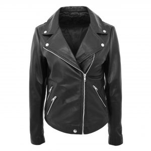 BUNERI Chaqueta Mujer Cuero Estilo Biker Cremallera Cruzada Negra