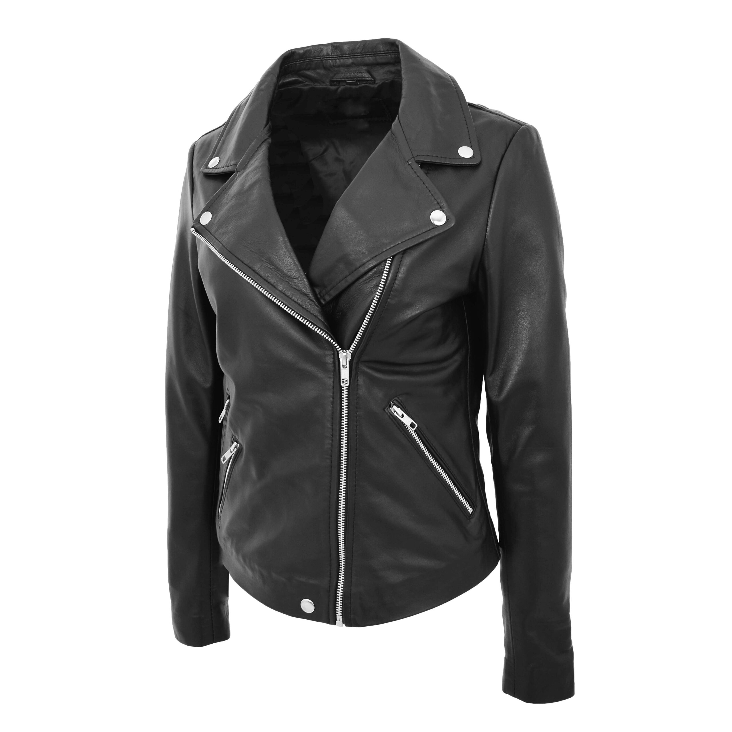 BUNERI Chaqueta Mujer Cuero Estilo Biker Cremallera Cruzada Negra - Imagen 5