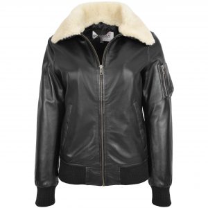 BUNERI Chaqueta Mujer Cuero Bomber Negra Cuello Extraible