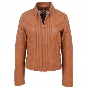 BUNERI Chaqueta de Cuero Casual con Cuello Alto para Mujer Tan