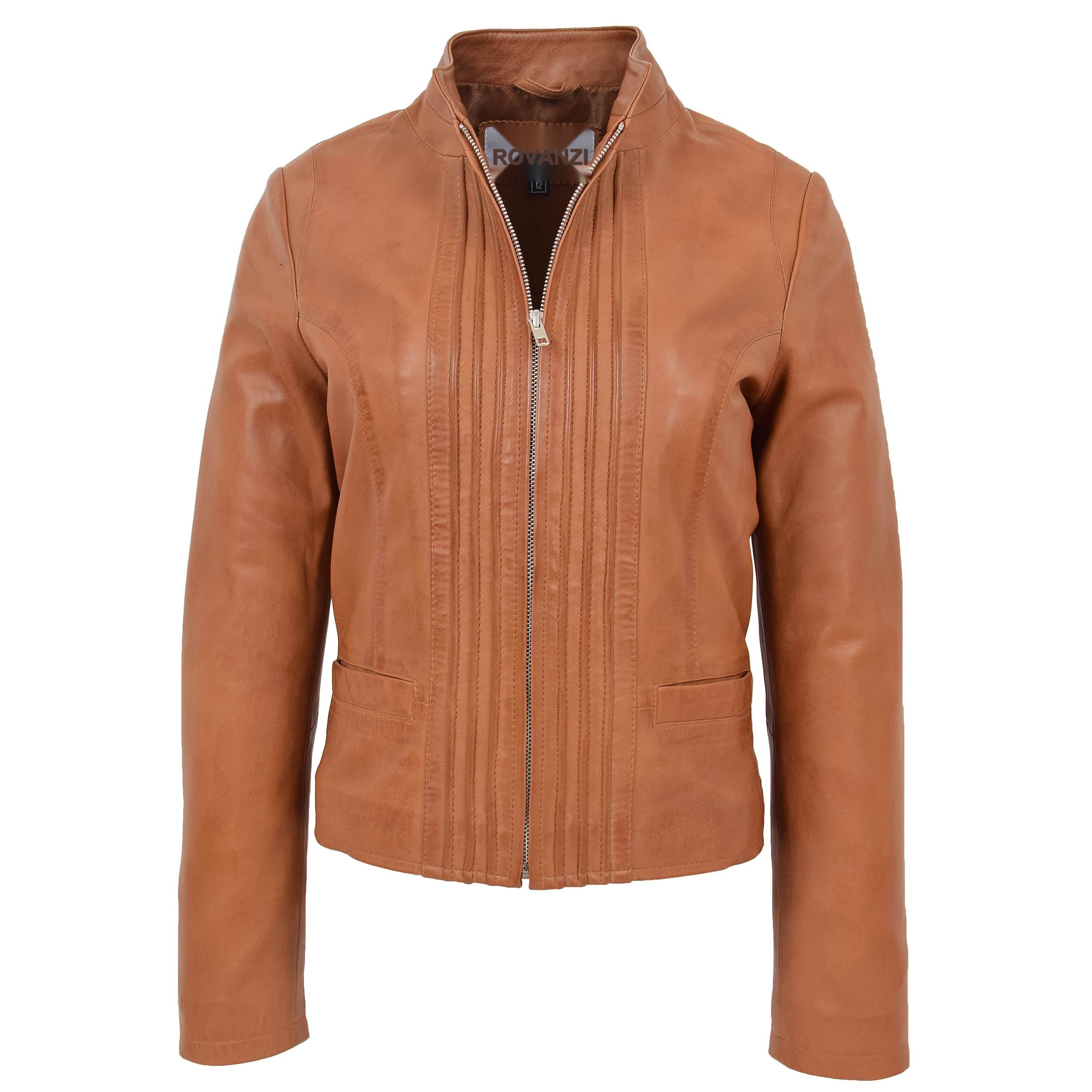BUNERI Chaqueta de Cuero Casual con Cuello Alto para Mujer Tan