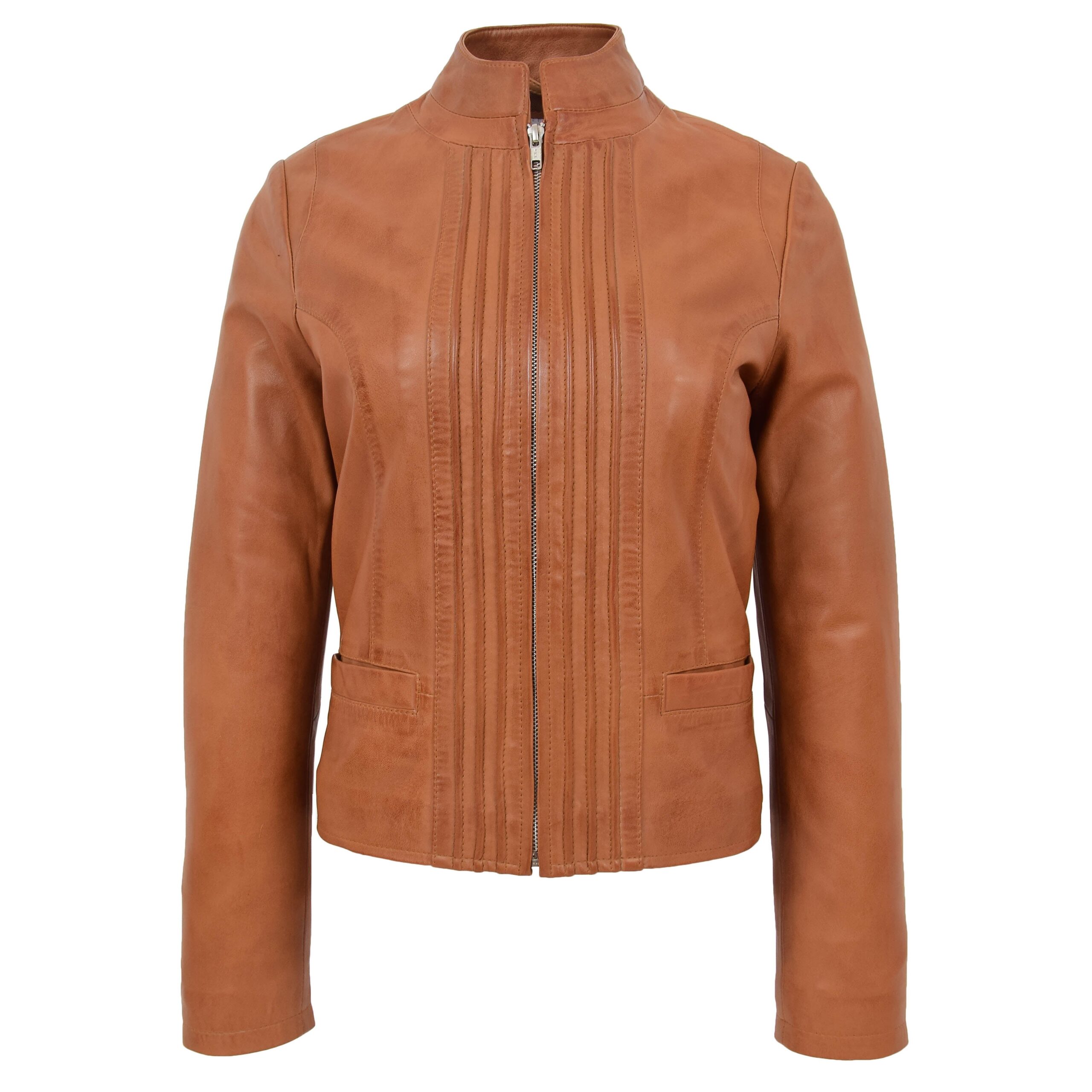 BUNERI Chaqueta de Cuero Casual con Cuello Alto para Mujer Tan - Imagen 3