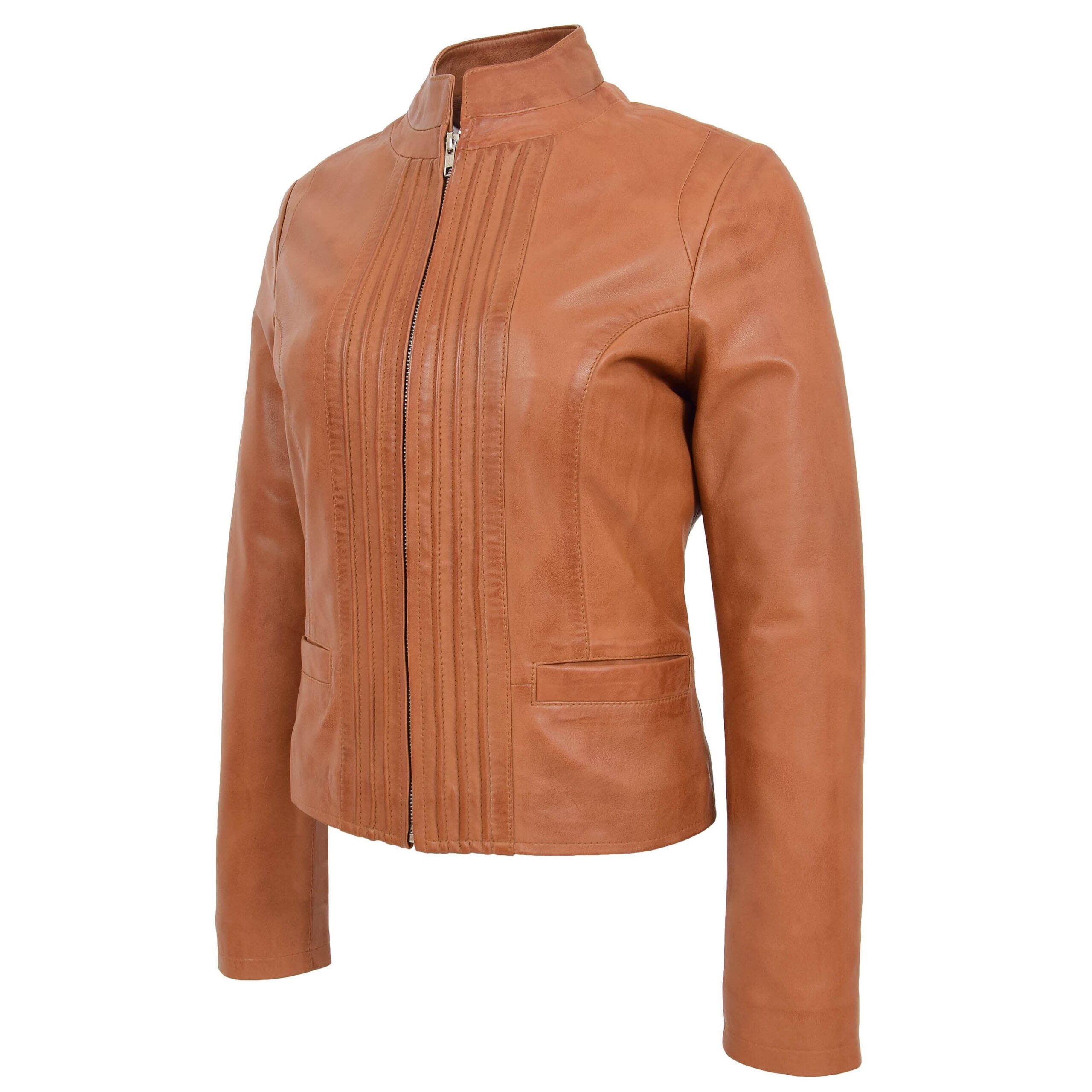 BUNERI Chaqueta de Cuero Casual con Cuello Alto para Mujer Tan - Imagen 5