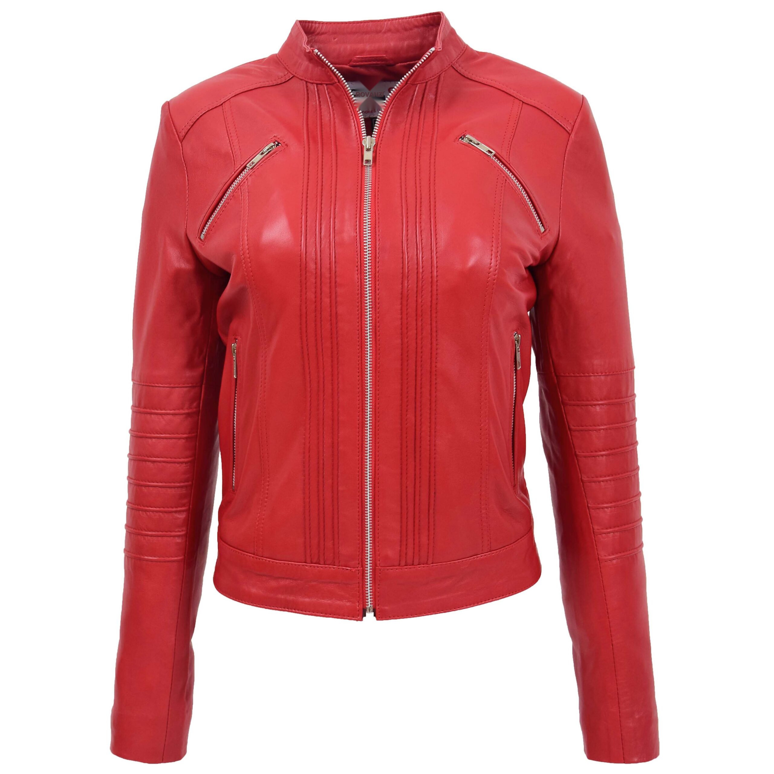 BUNERI Chaqueta Mujer Cuero Biker Clasico Estilo Roja