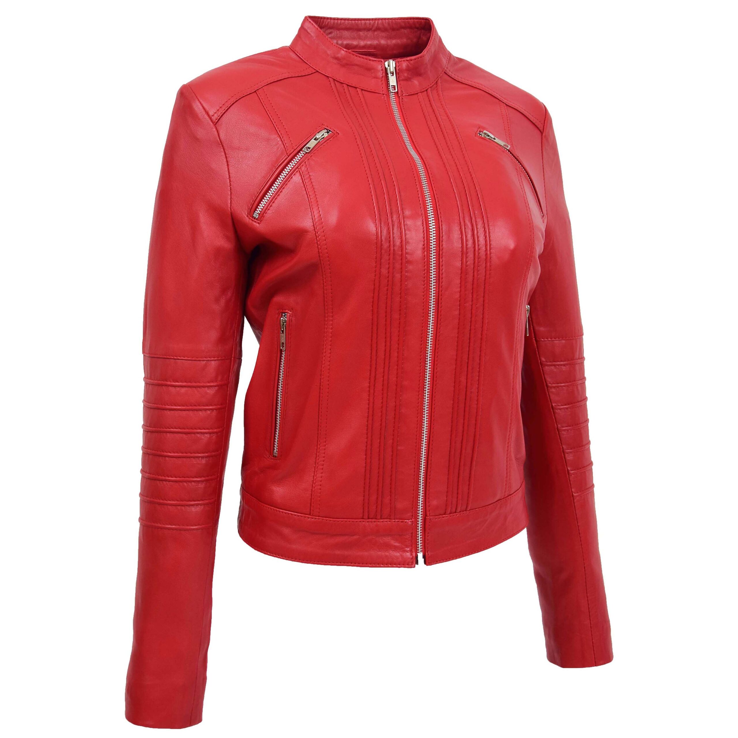BUNERI Chaqueta Mujer Cuero Biker Clasico Estilo Roja - Imagen 4