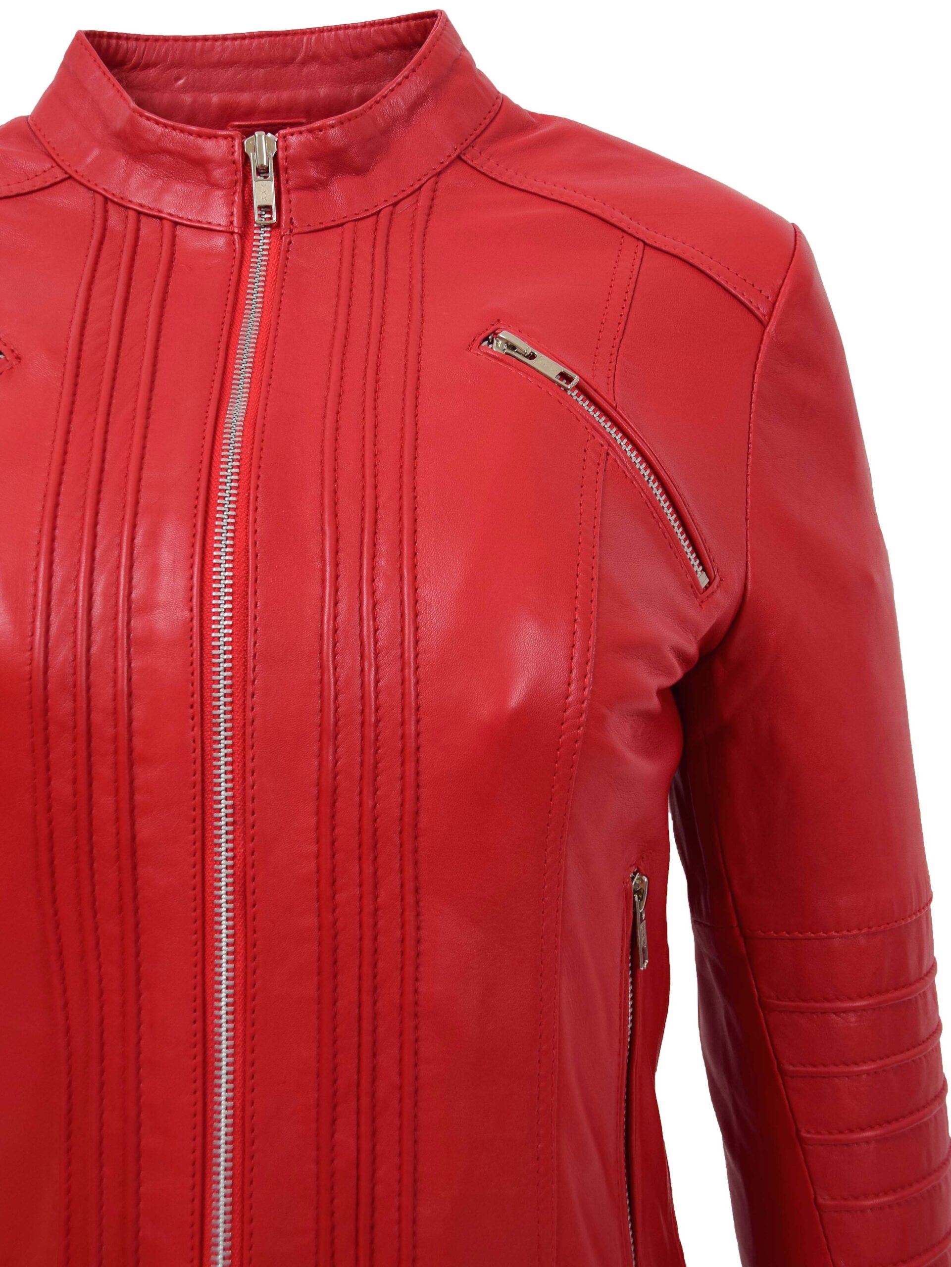 BUNERI Chaqueta Mujer Cuero Biker Clasico Estilo Roja - Imagen 7