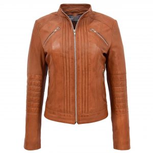 BUNERI Chaqueta Biker Clásica de Cuero para Mujer Tostado