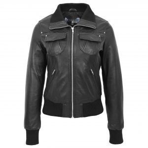 BUNERI Bomber Cuero Motto Negra Clásica Mujer