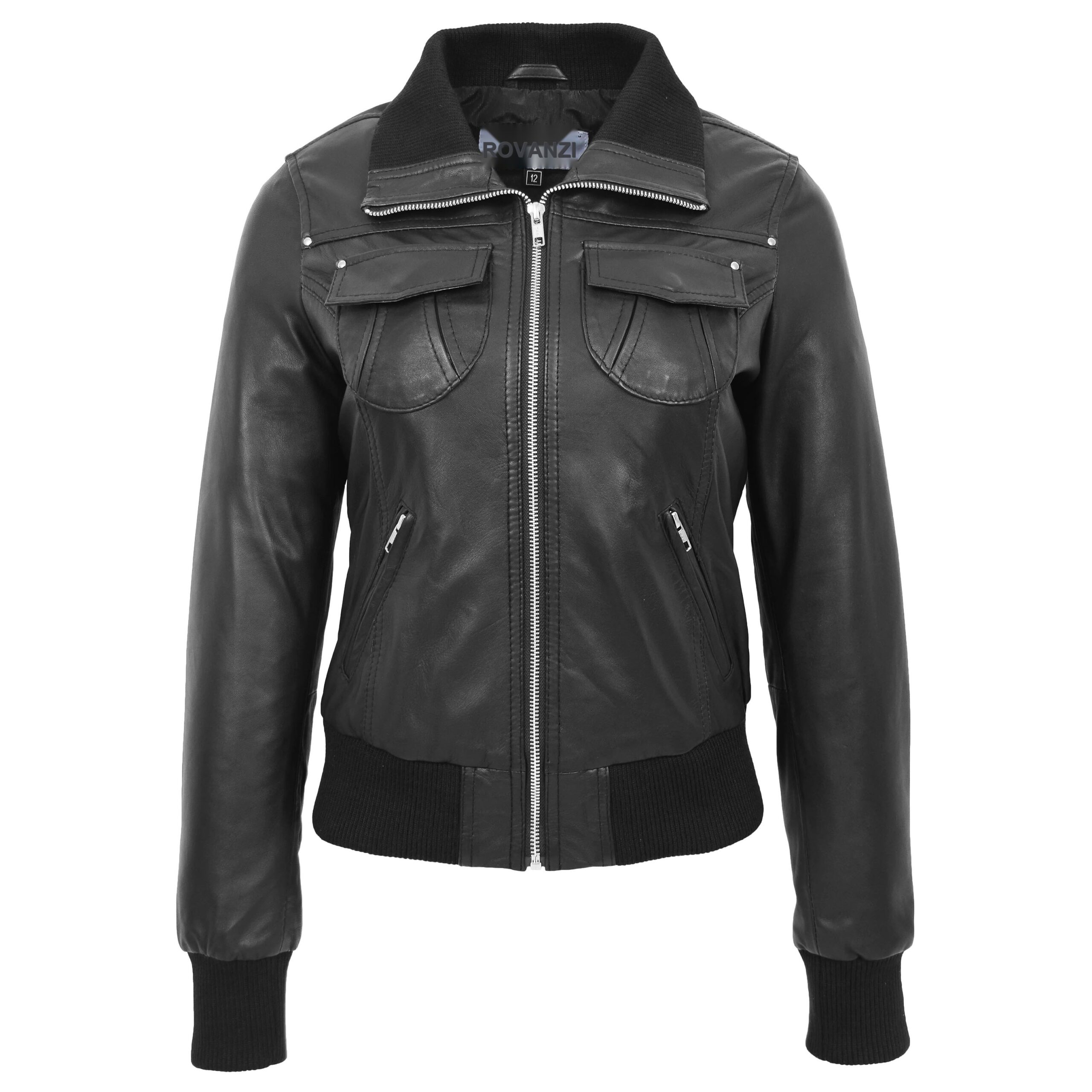 BUNERI Bomber Cuero Motto Negra Clásica Mujer