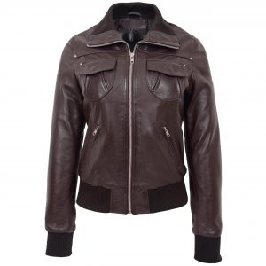 BUNERI Chaqueta Bomber Clasica de Cuero para Mujer Marron