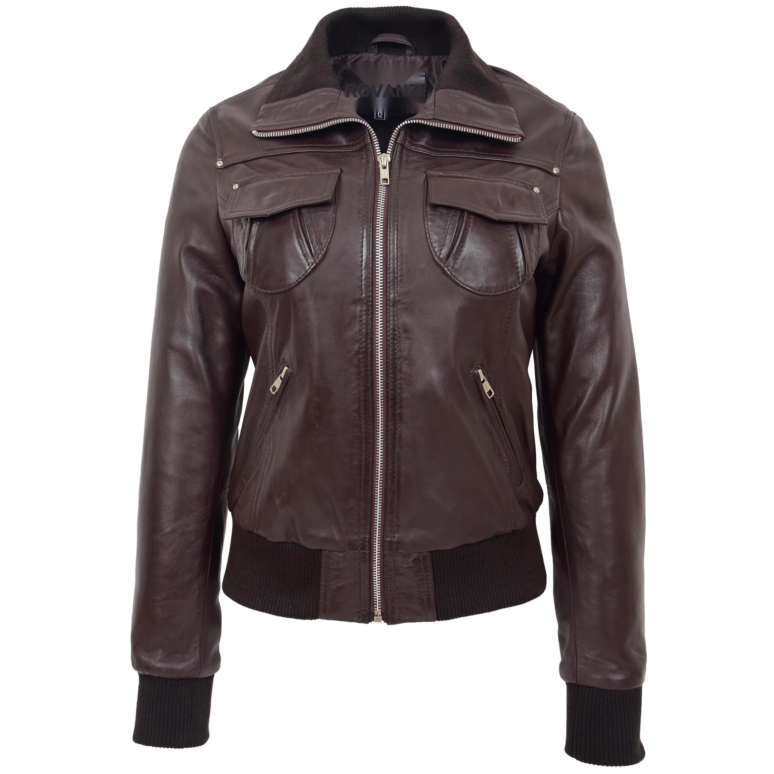 BUNERI Chaqueta Bomber Clasica de Cuero para Mujer Marron