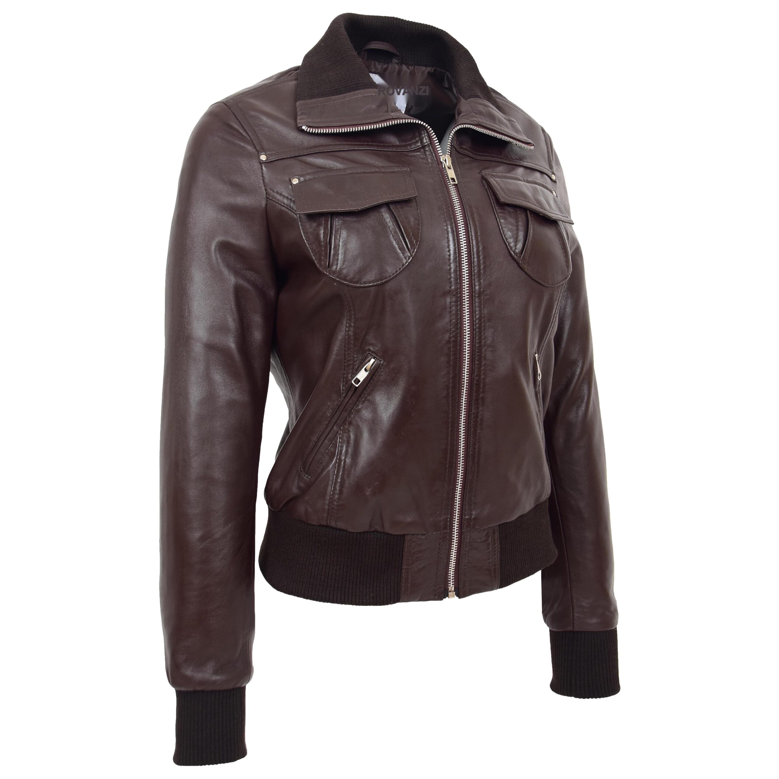 BUNERI Chaqueta Bomber Clasica de Cuero para Mujer Marron - Imagen 3