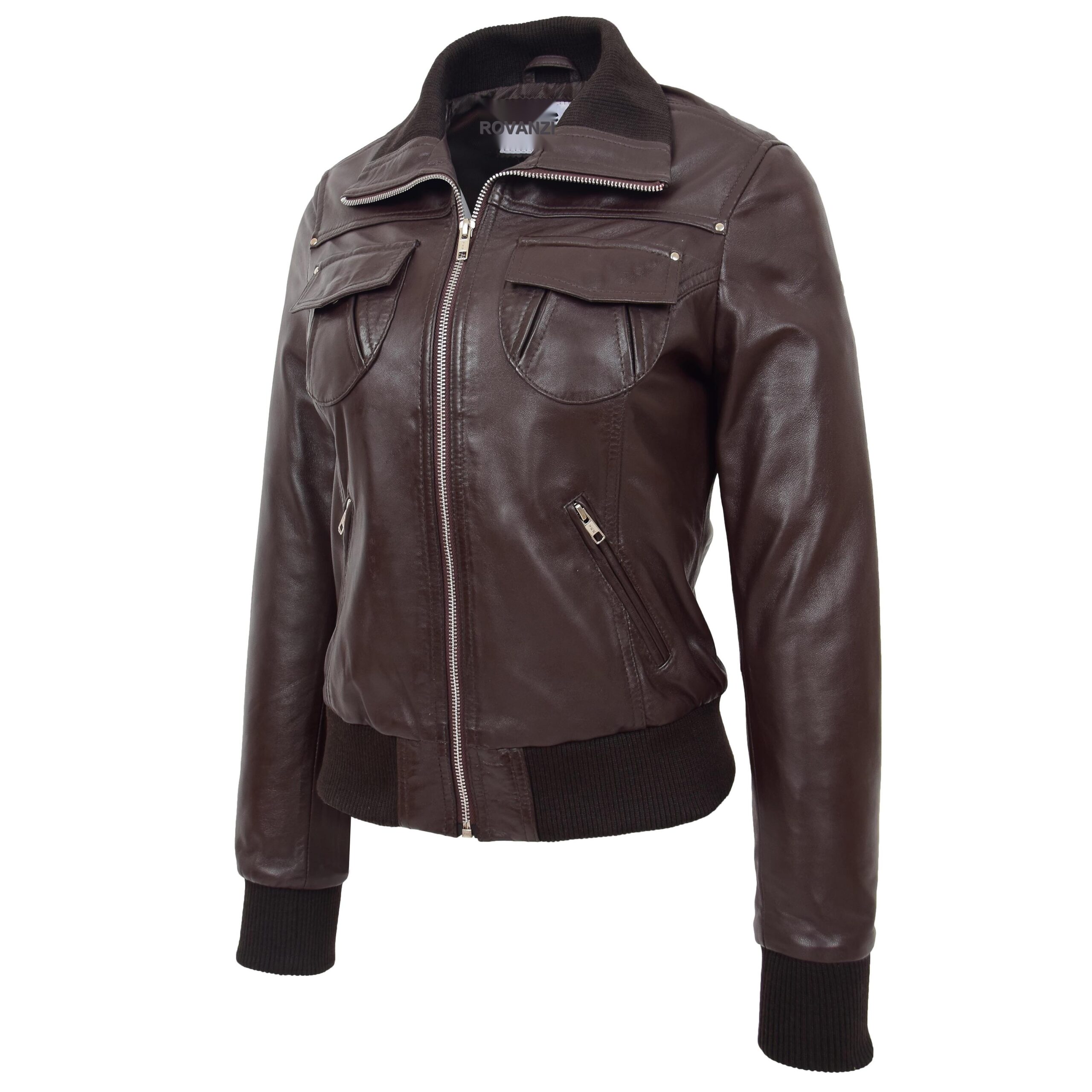 BUNERI Chaqueta Bomber Clasica de Cuero para Mujer Marron - Imagen 4